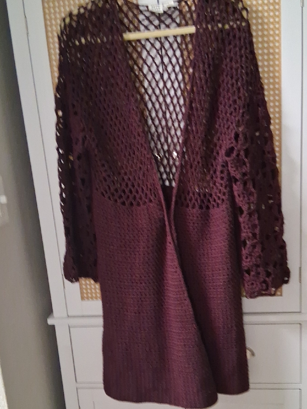 Somedays Lovin Burgundy Open And Closed  Crochet-Panel Cardigan
